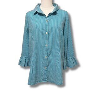 Gretchen Scott Ruffle Sleeve Priss Blouse – Striped Coastal Chic Top Size XL